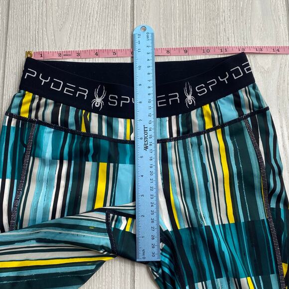 Spyder Blue Green & Yellow Freeze Stripe Print Slash Capri Leggings Size Small - Picture 4 of 11